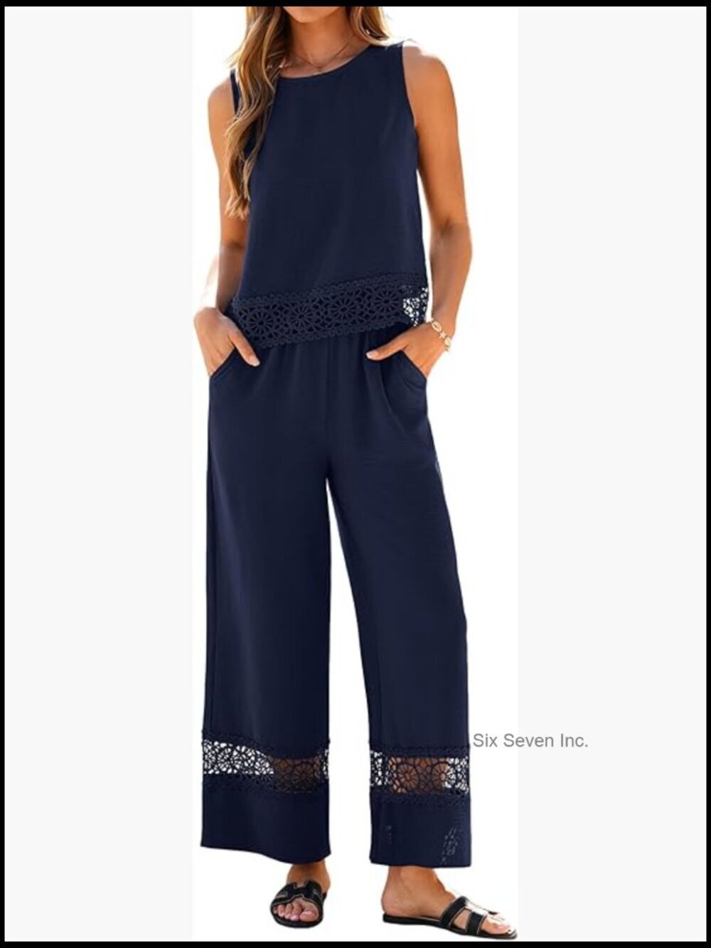 Sleeveless Crop Top & Wide Leg Pants Set Lace Hem 2 Piece Summer Outfit